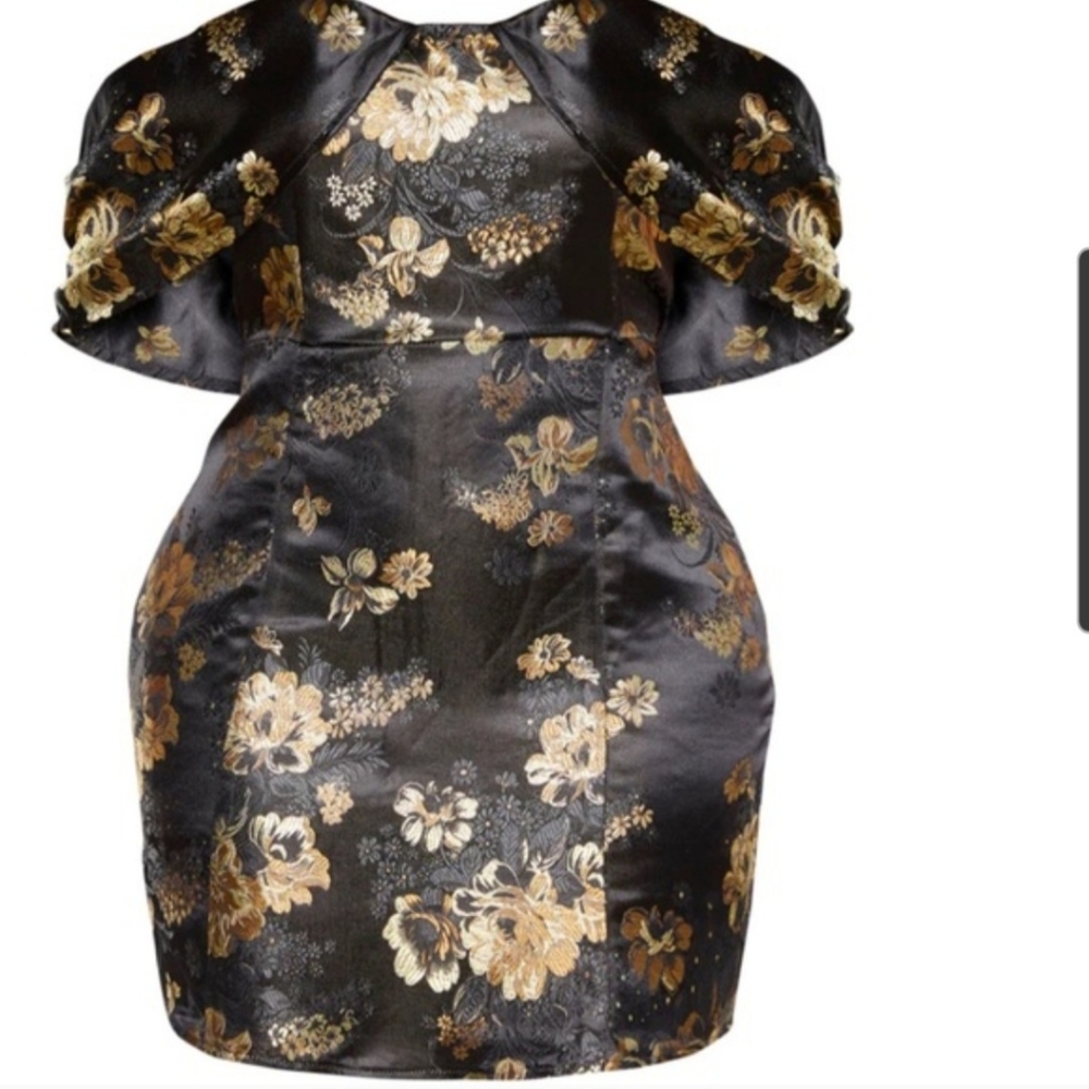 Floral Black and Gold Bardot Bodycon Dress Size 10/12 NWT